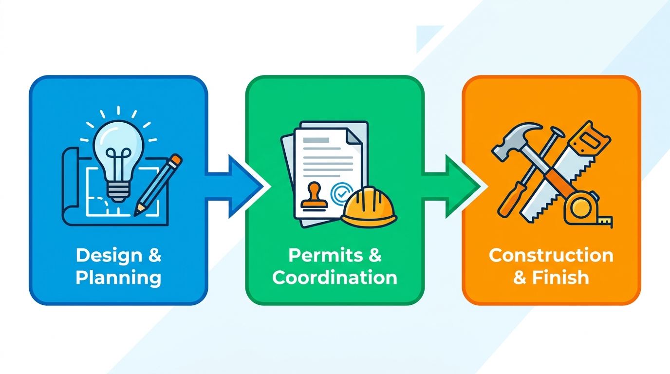 Horizontal process flow diagram of three stages: design and planning, permits and coordination, construction and finishing for home remodeling