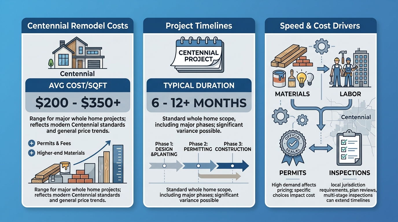 Infographic outlining average costs per square foot, typical project durations, and key factors like materials, labor, and permits for whole home remodels in Centennial