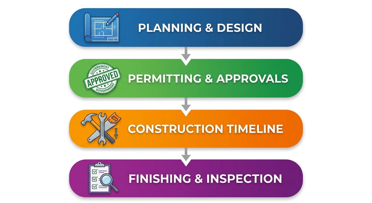 Vertical process flow diagram illustrating four stages of guest suite addition: planning and design, permitting and approvals, construction timeline, and finishing and inspection.