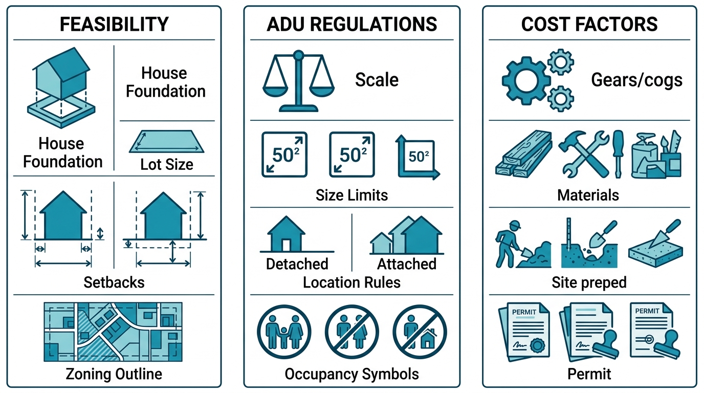 Landscape infographic with three panels illustrating feasibility, ADU regulations, and cost factors for guest suite additions in Denver using outline icons and minimal labels in blue-green tones.
