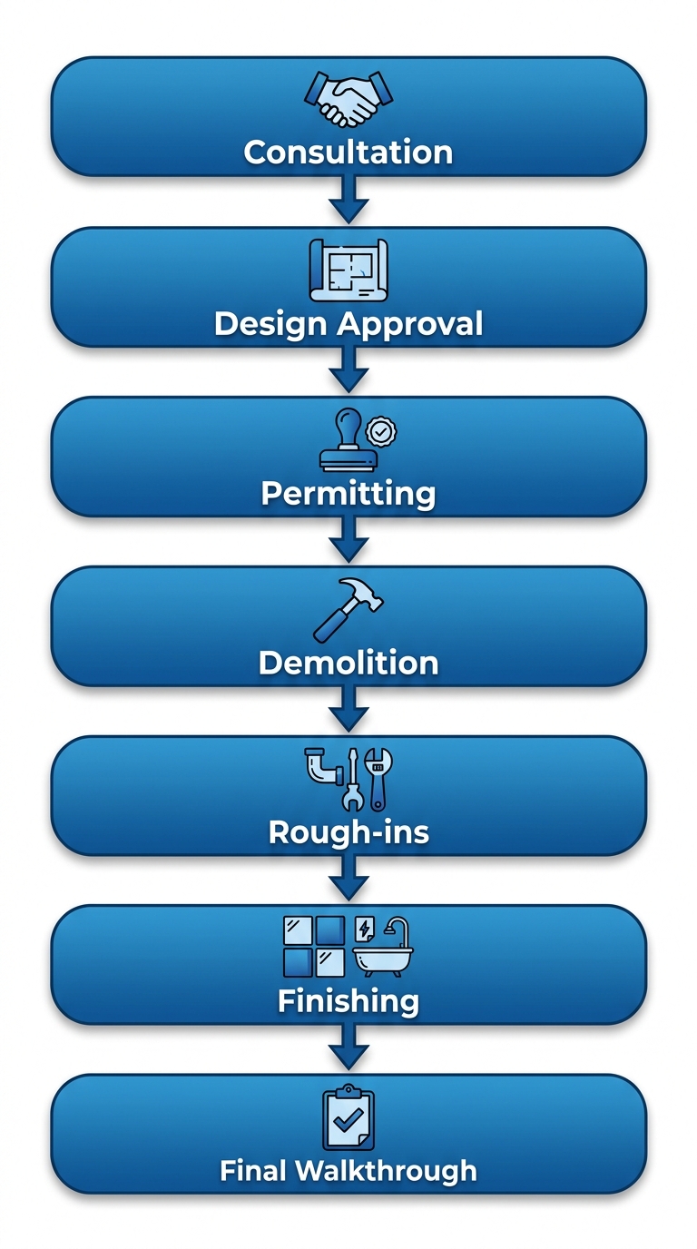 Vertical process flow diagram illustrating the seven stages of bathroom addition in Denver: consultation, design approval, permitting, demolition, rough-ins, finishing, and final walkthrough with relevant icons and connecting arrows.