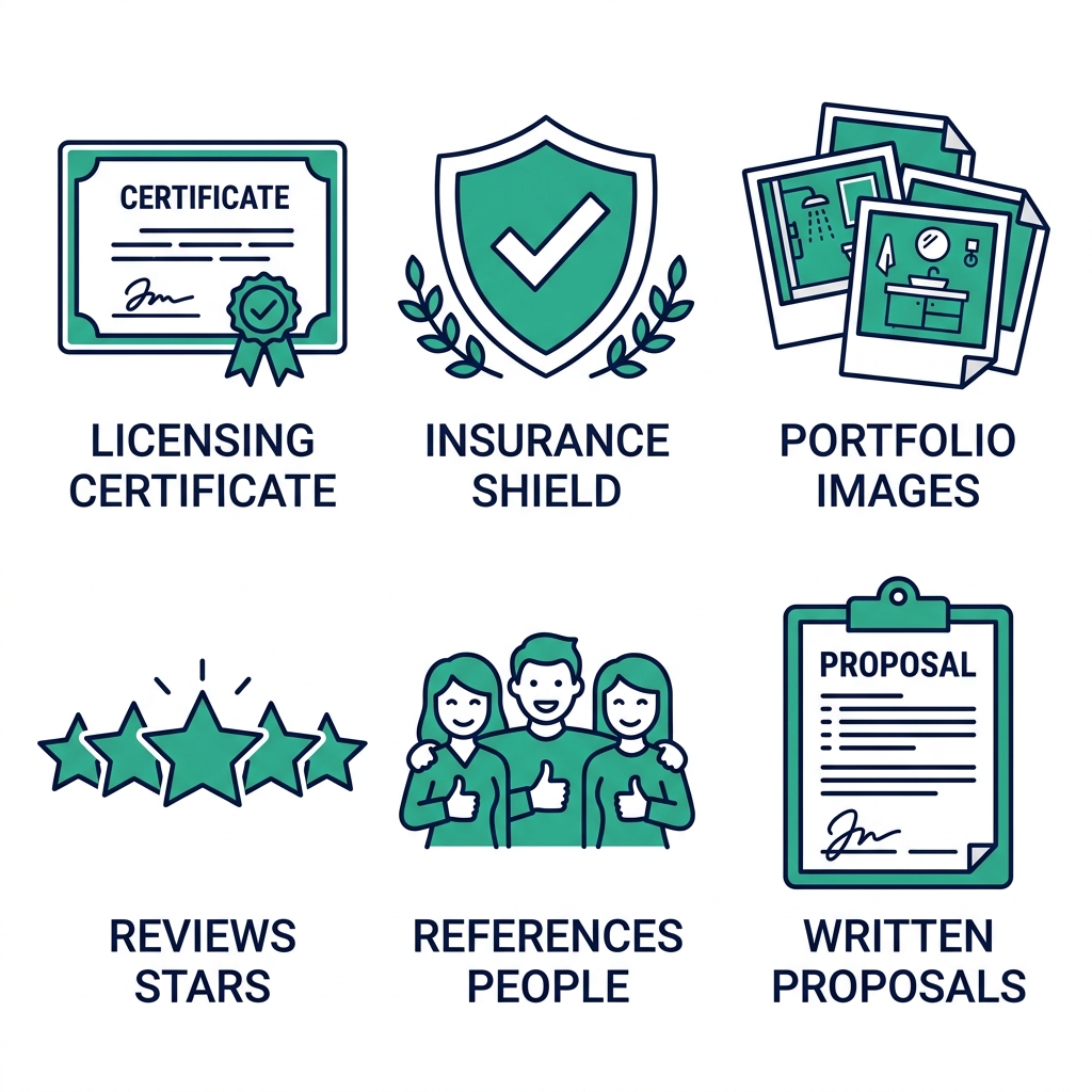 Square grid of 6 icons for selecting reliable bathroom addition contractors: licensing, insurance, portfolio, reviews, references, written proposals.