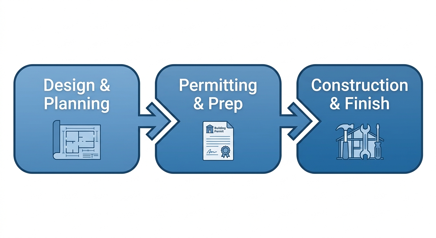 Horizontal process flow diagram illustrating three stages of home addition by ACN Construction: design and planning, permitting and preparation, construction and finishing.