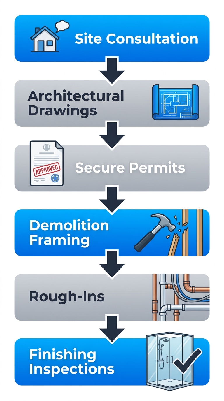 Vertical process flow diagram illustrating six stages of en suite bathroom addition in Denver: site consultation to finishing inspections