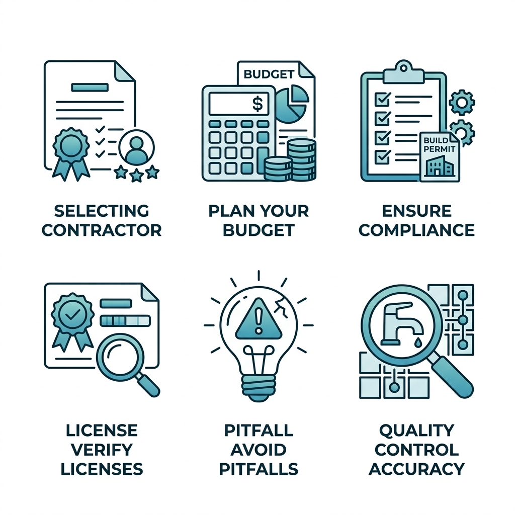 2x3 grid of modern outline icons for en suite bathroom addition best practices: contractor selection, budget planning, compliance, license verification, pitfall avoidance, quality control