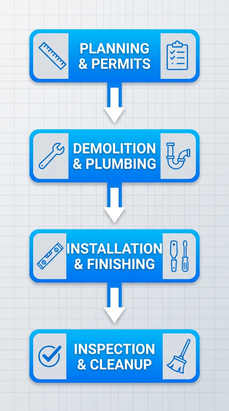 Vertical process flow diagram illustrating four stages of professional bathroom vanity installation by ACN Construction.