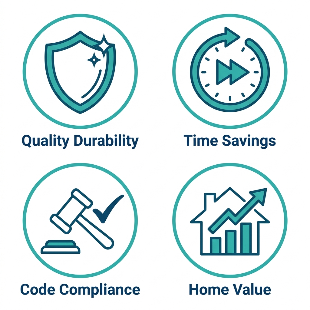 2x2 grid of icons depicting benefits of professional bathroom vanity installation: quality shield, time savings clock, code compliance gavel, and home value house graph