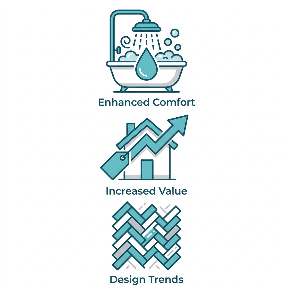 Vertical stack of three icons showing master bath remodeling benefits: enhanced comfort with shower tub, increased home value with house tag, popular design trends with tile pattern.
