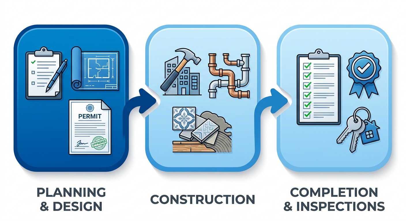 Horizontal process flow diagram of master bath remodel stages: planning and design, construction timeline, completion and inspections, featuring relevant icons.