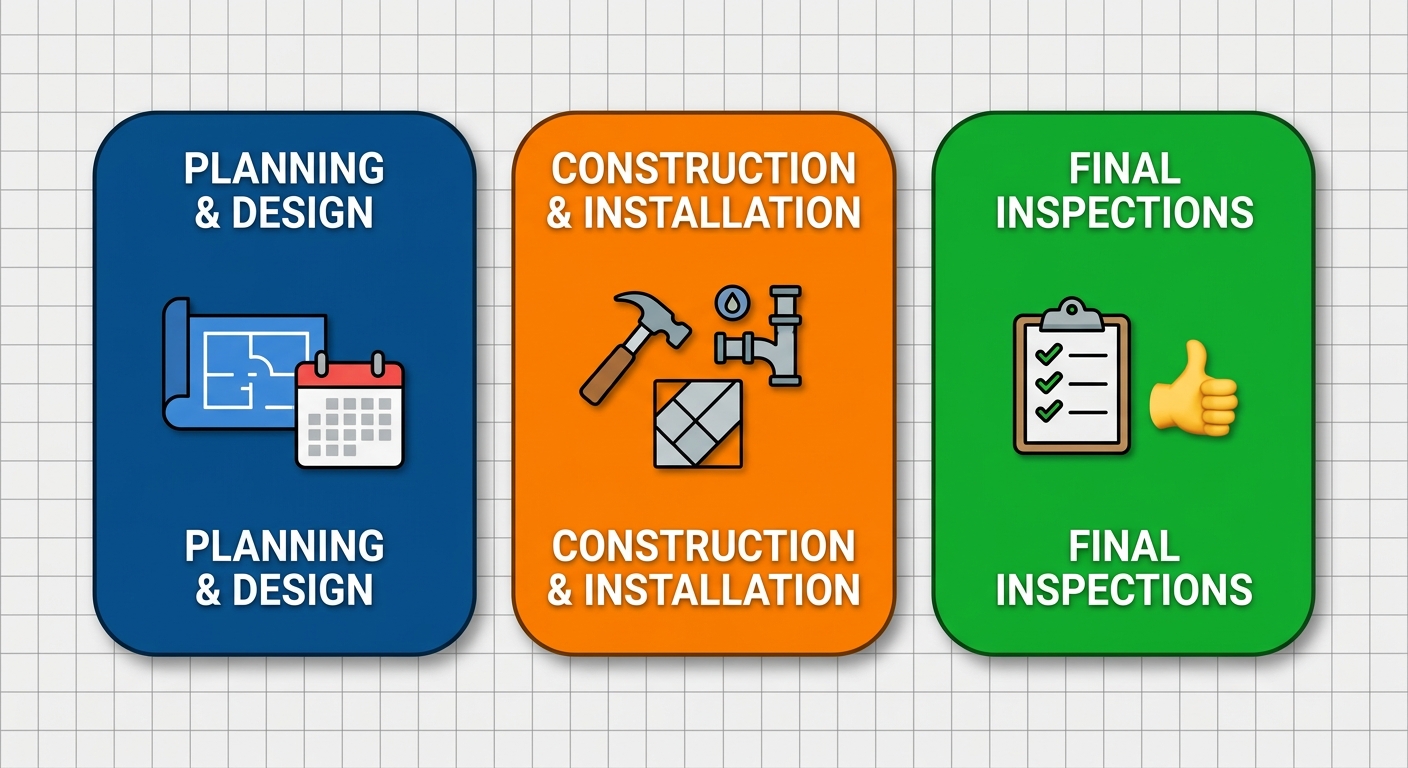 Horizontal process flow diagram of bathroom renovation stages: planning and design, construction and installation, final inspections and finishing.