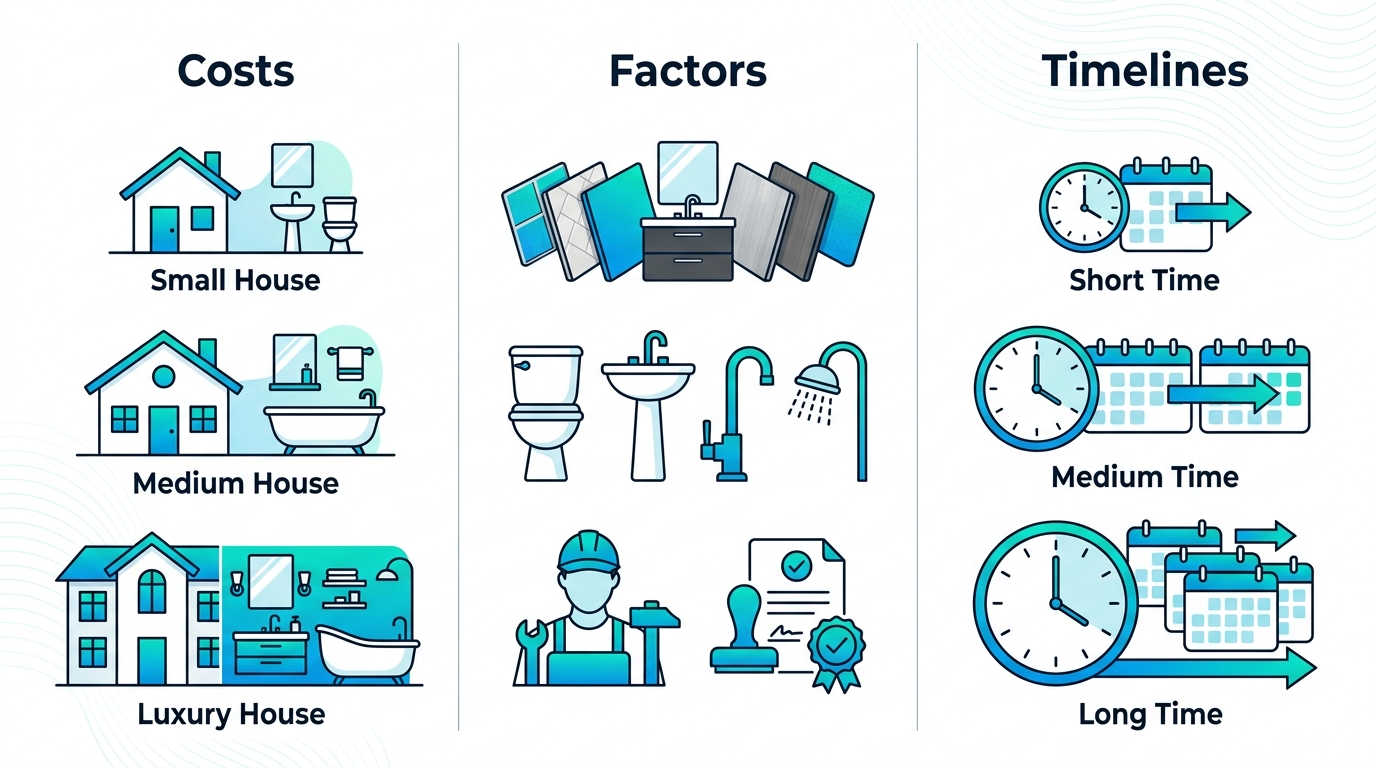 Infographic depicting bathroom renovation cost categories, influencing factors, and timeline ranges in Parker with modern icons