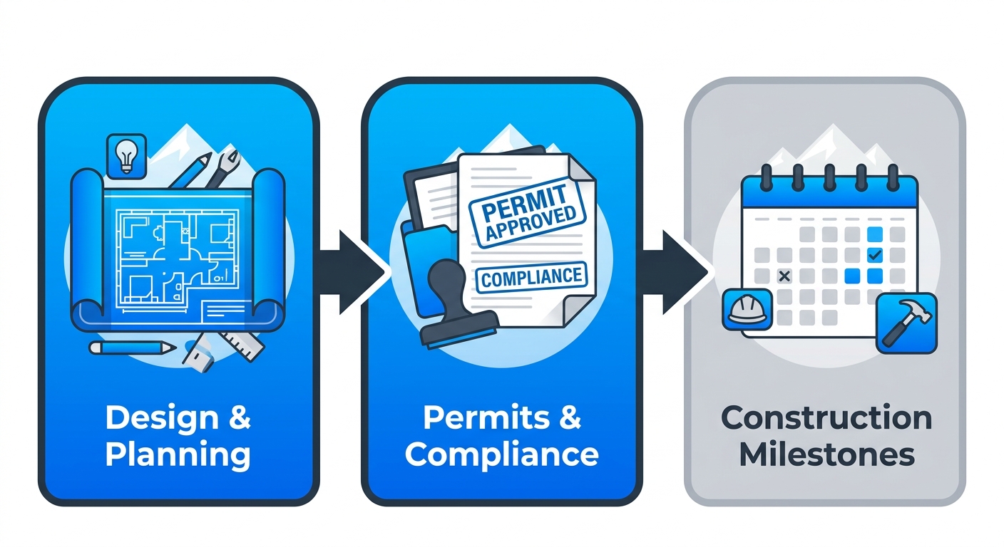 Horizontal process flow diagram of custom basement finishing: design and planning, permits and compliance, construction milestones.
