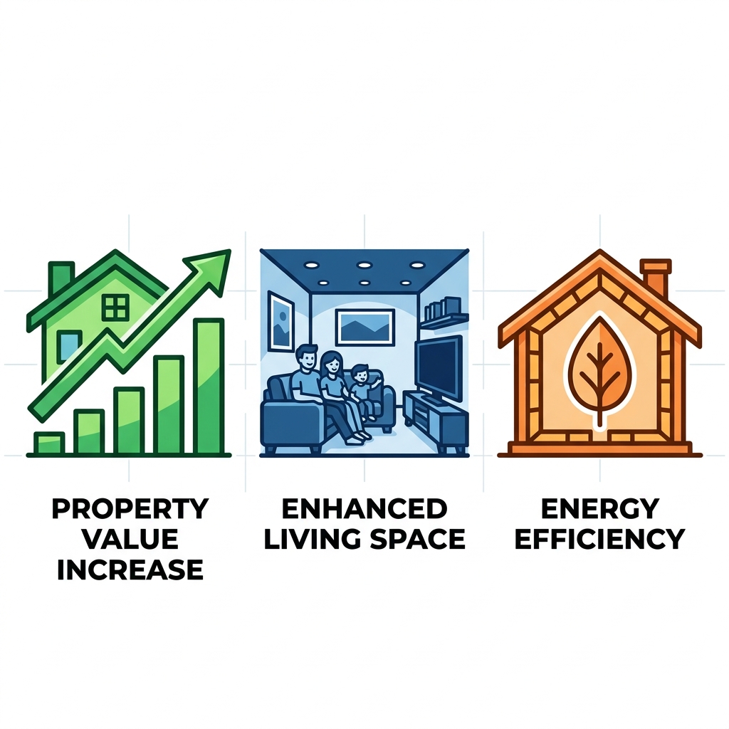 Square grid of three modern flat outline icons depicting custom basement finishing benefits: property value increase, enhanced living space, and energy efficiency.