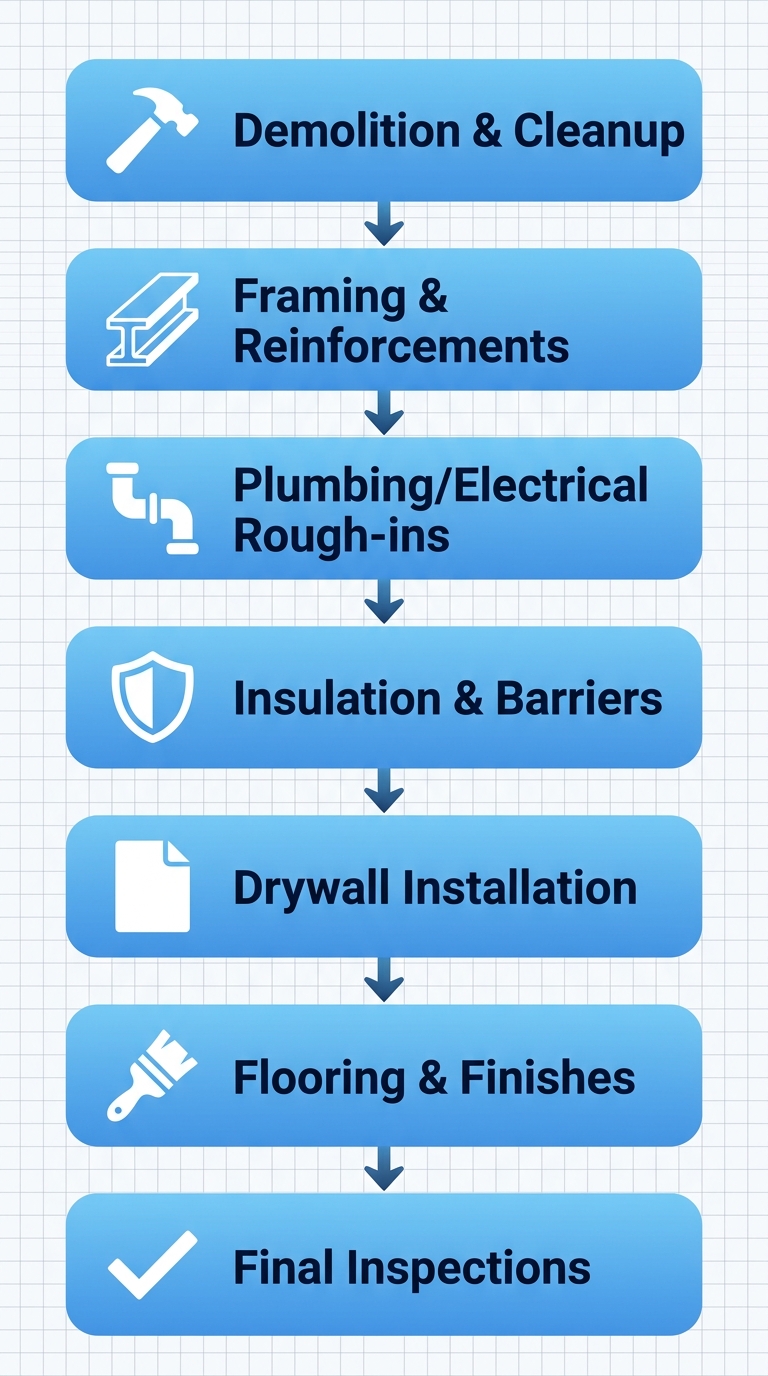 Vertical process flow diagram illustrating seven stages of basement finishing in Denver: demolition, framing, rough-ins, insulation, drywall, finishes, and inspections.