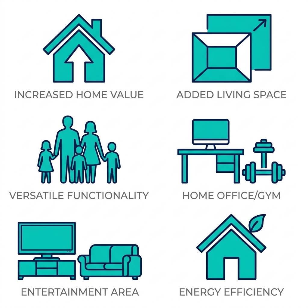 Grid of six flat outline icons illustrating key benefits of basement finishing: increased home value, added living space, versatile functionality, home office or gym, entertainment area, and energy efficiency.