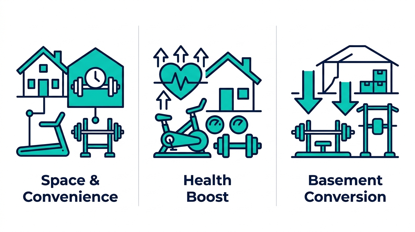 Icon set showing home gym benefits: space and convenience, health and property value boost, basement conversion opportunities