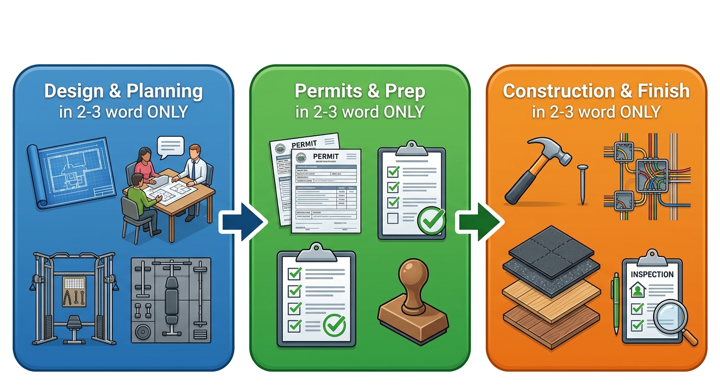 Horizontal process flow diagram of home gym construction stages: design and planning, permits and preparations, construction and finishing with icons.