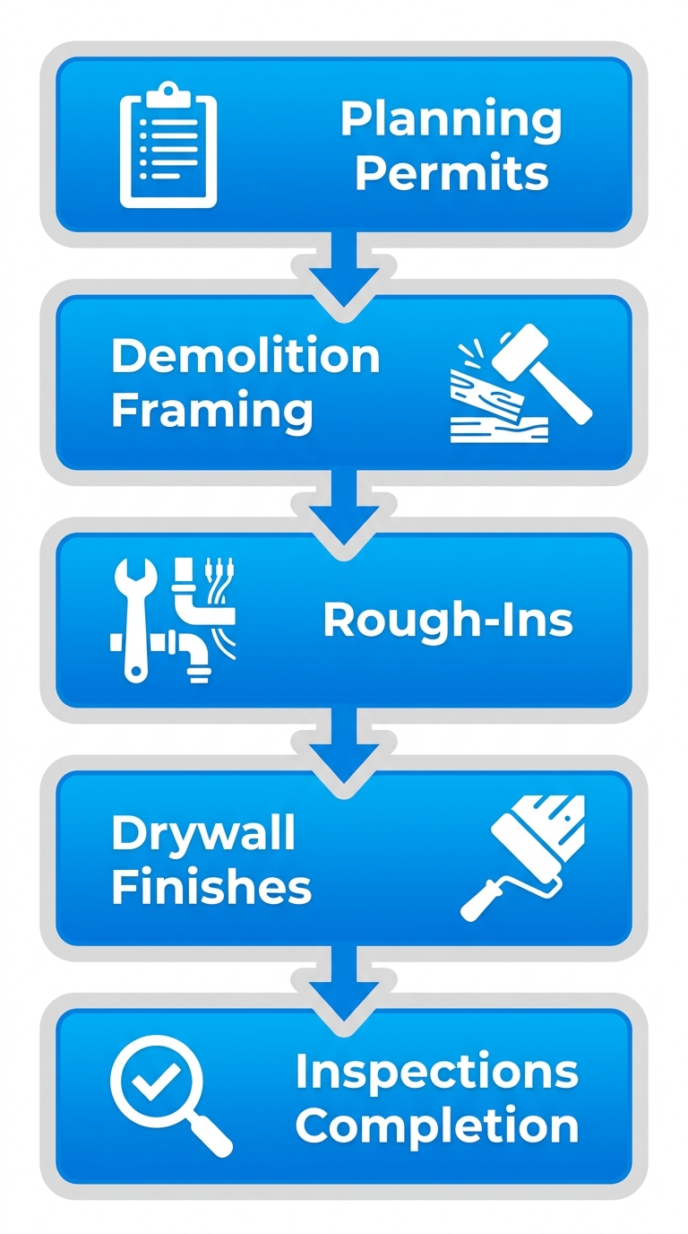 Vertical process flow diagram illustrating five stages of basement remodeling: planning permits, demolition framing, rough-ins, drywall finishes, and inspections completion with icons and arrows.