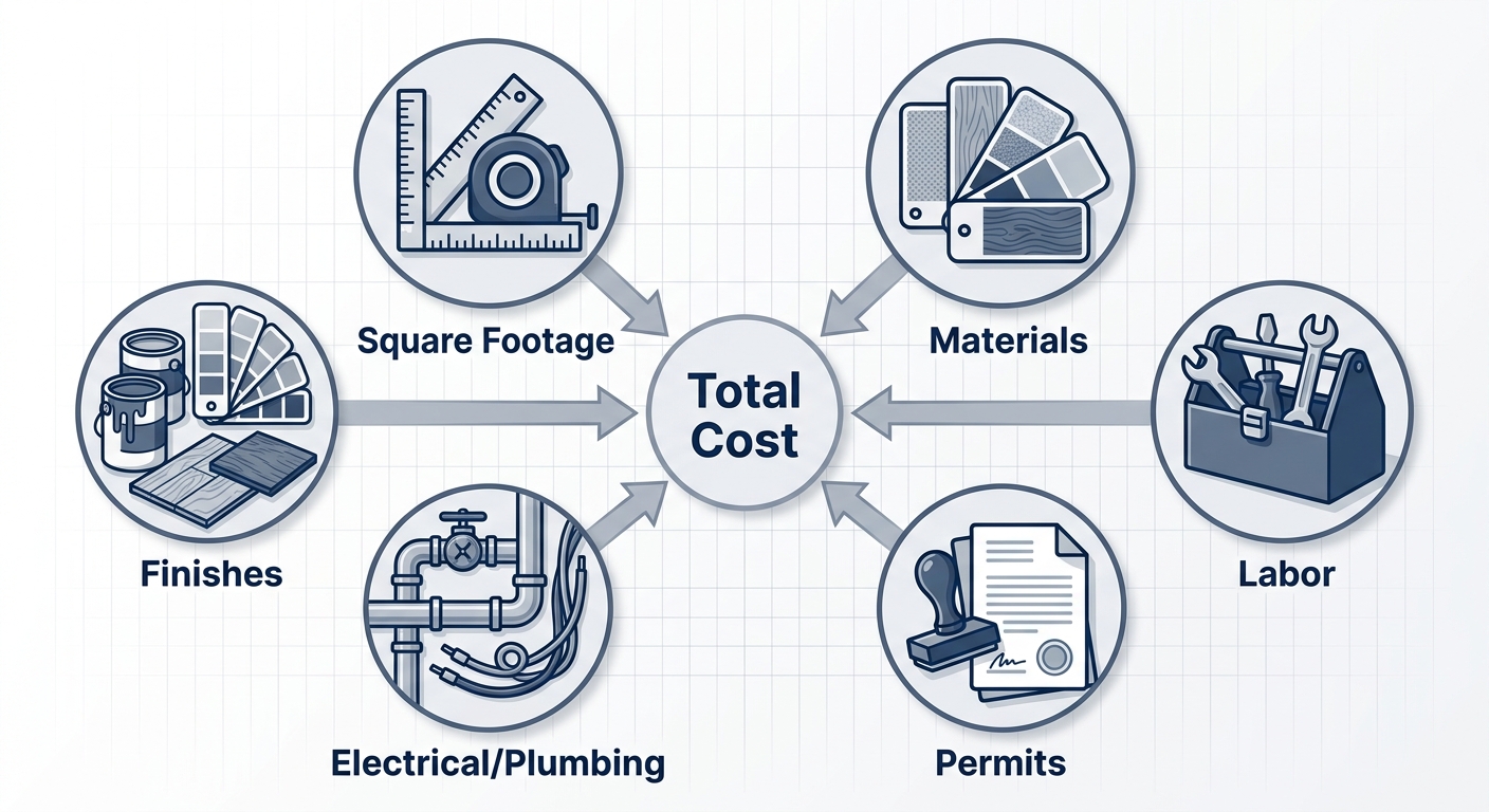 Infographic showing six key factors affecting basement remodeling costs arranged circularly around total cost node