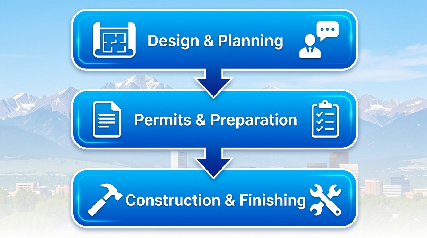 Vertical process flow diagram illustrating three key phases of kitchen remodeling: design and planning, permits and preparation, construction and finishing.