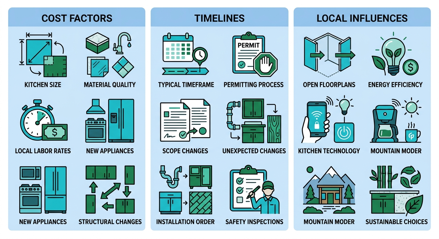 Infographic depicting cost factors, timelines, and local influences for Denver kitchen remodeling projects