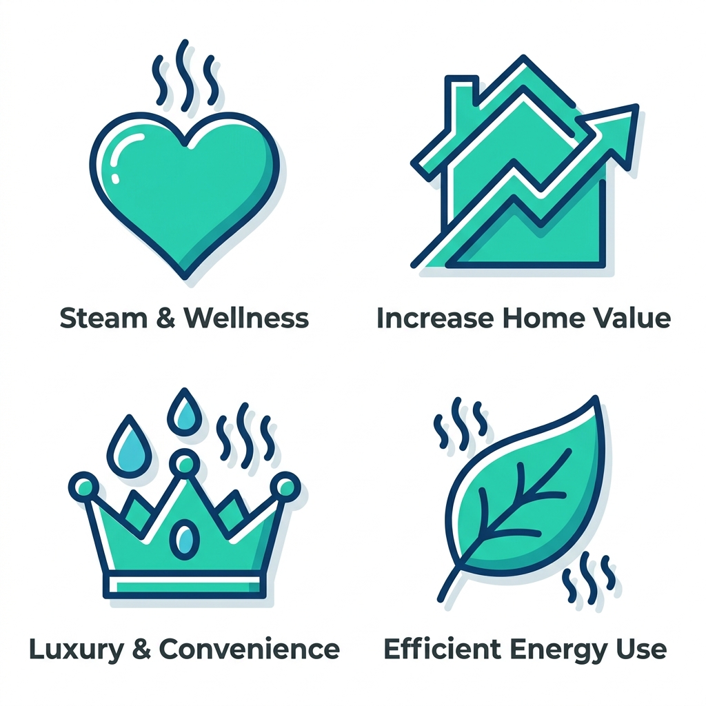 2x2 grid of icons illustrating custom steam shower benefits: health steam heart, property value house arrow, luxury spa crown, energy efficiency green leaf