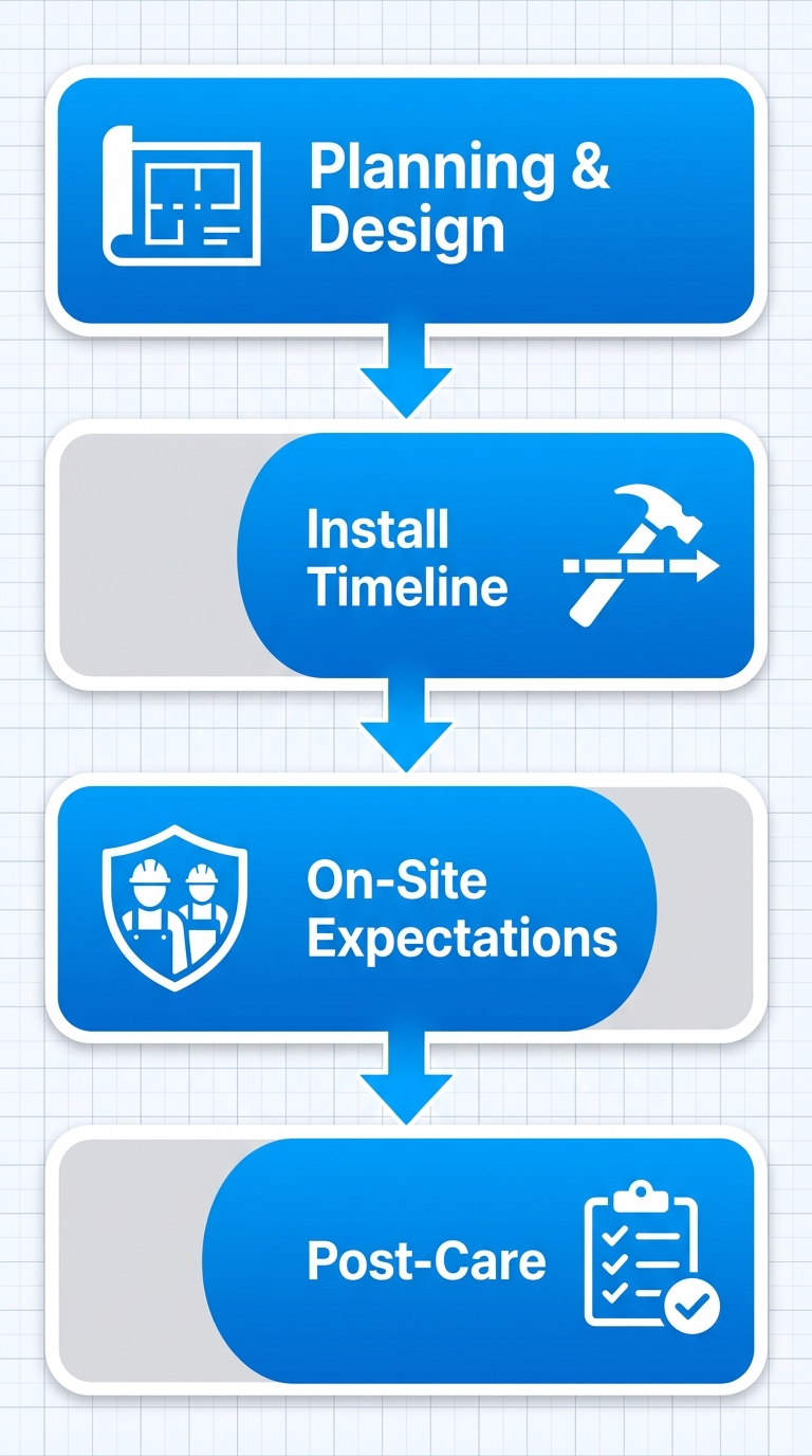 Vertical process flow diagram illustrating four stages of custom steam shower installation: planning and design, installation timeline, on-site expectations, and post-installation care.