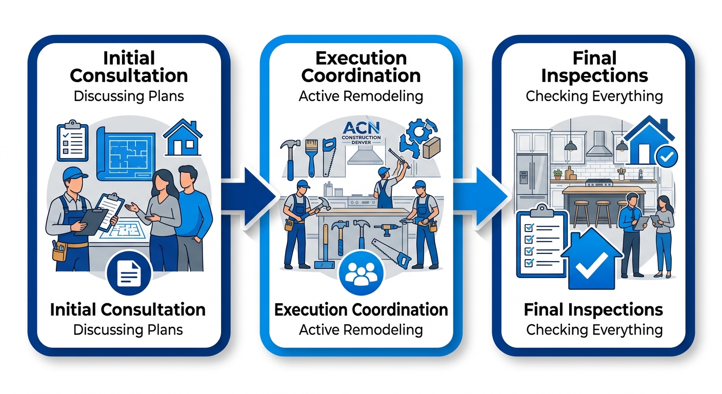 Horizontal process flow diagram of kitchen remodeling stages: initial consultation and design, execution and coordination, final inspections and completion with icons.
