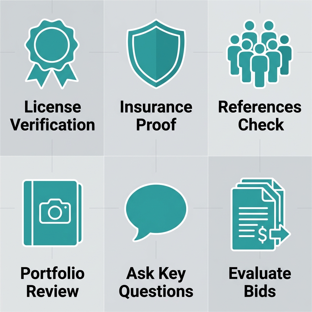 Square grid of six flat teal icons with labels: License Verification badge, Insurance Proof shield, References Check people, Portfolio Review album, Ask Key Questions speech bubble, Evaluate Bids document.