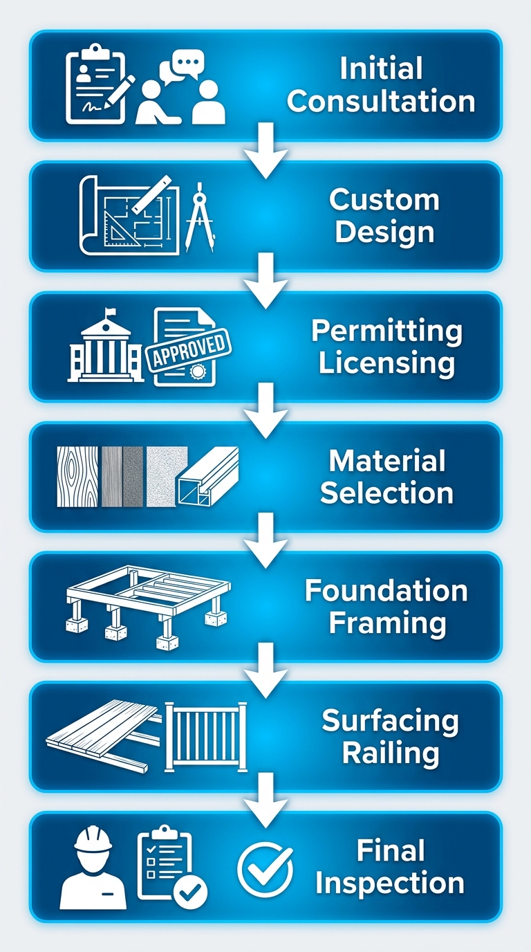 Vertical process flow diagram illustrating the seven stages of deck construction in Denver from initial consultation to final inspection.