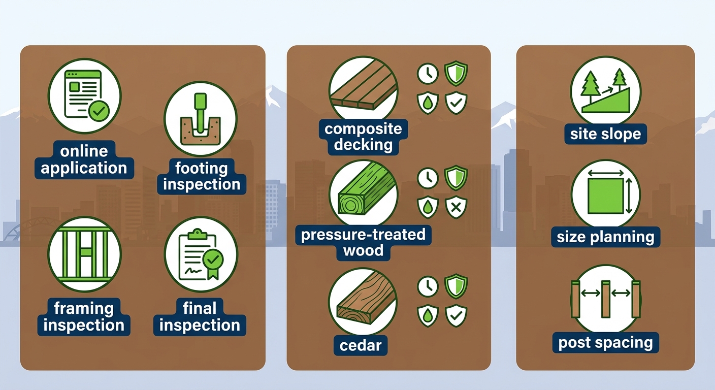 Infographic of Denver deck essentials: permits, weather-resistant materials, and design factors with icons.