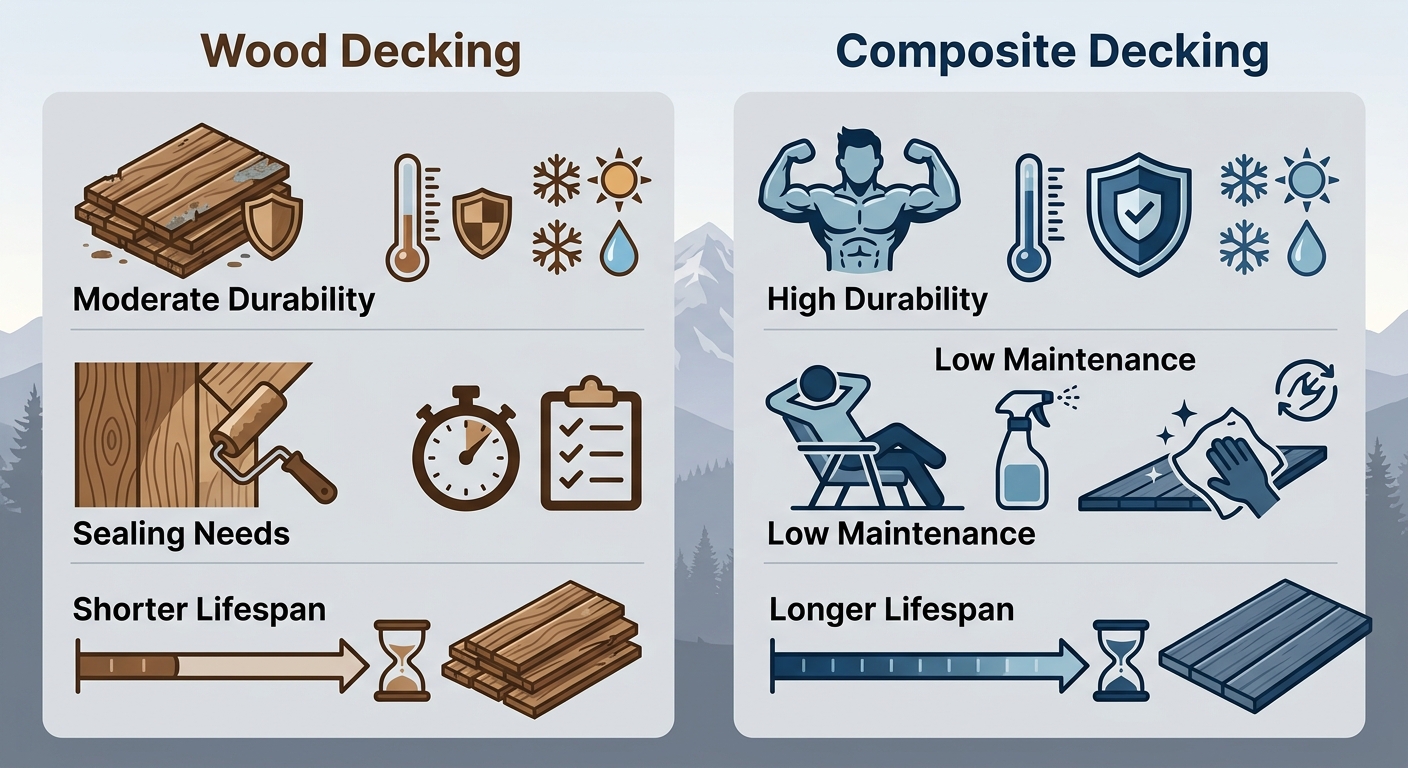 Infographic comparing wood and composite decking materials suited for Denver's snow, UV, and freeze-thaw climate challenges