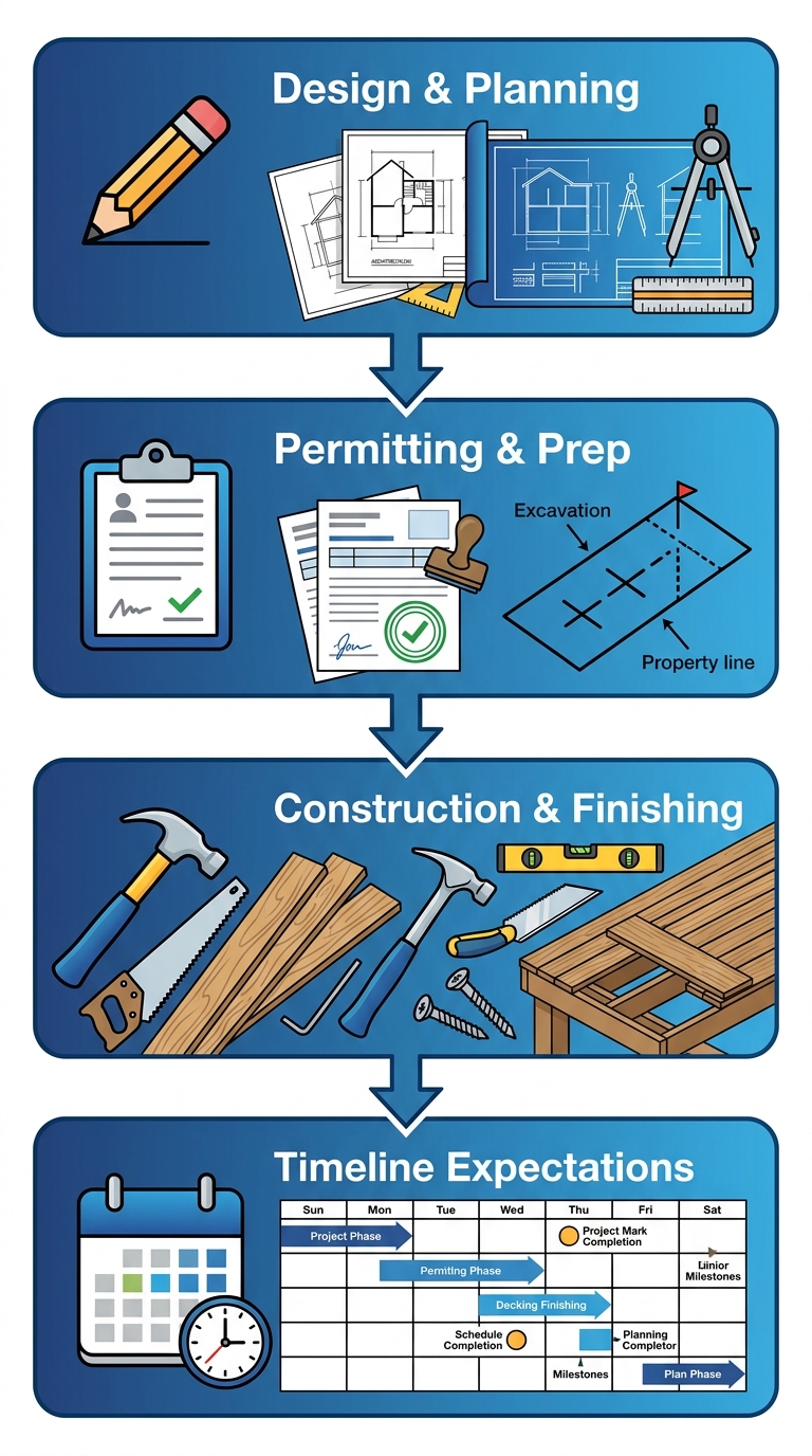 Vertical process flow diagram of four deck building phases: design and planning, permitting and preparation, construction and finishing, timeline expectations.