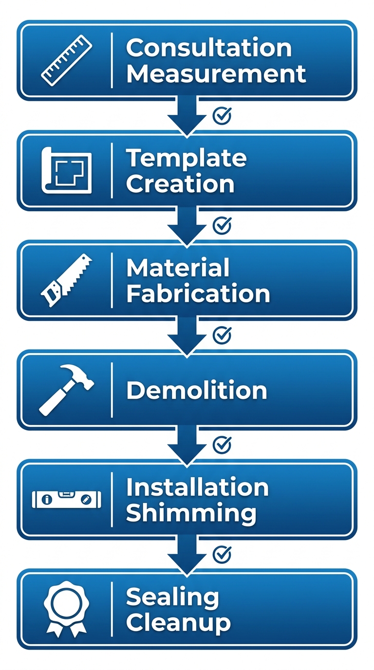 Vertical process flow diagram illustrating 6 stages of kitchen counter installation: consultation and measurement, template creation, material fabrication, demolition, installation and shimming, sealing and cleanup with icons and connecting arrows.