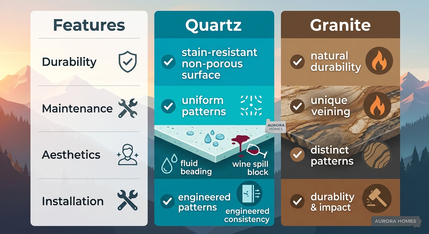 Infographic comparing quartz and granite kitchen countertops side-by-side, featuring durability, maintenance, aesthetics, and installation pros with icons.