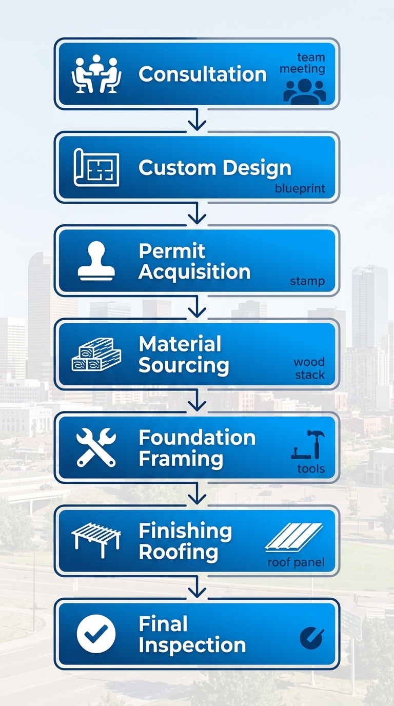 Vertical process flow diagram of seven-step pergola construction: consultation, custom design, permits, materials, foundation, finishing, inspection with icons and arrows