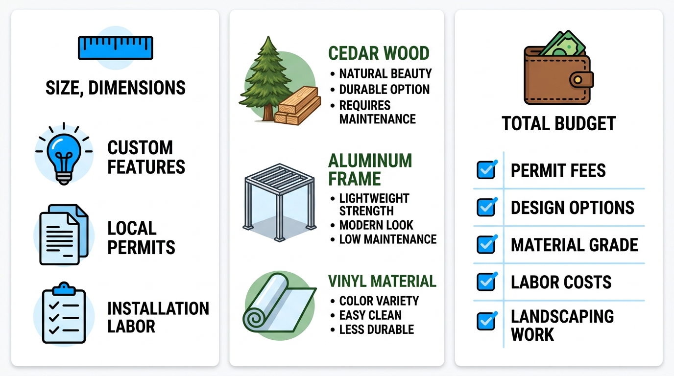 Infographic illustrating pergola cost factors, materials with pros and cons, and pricing considerations in Denver