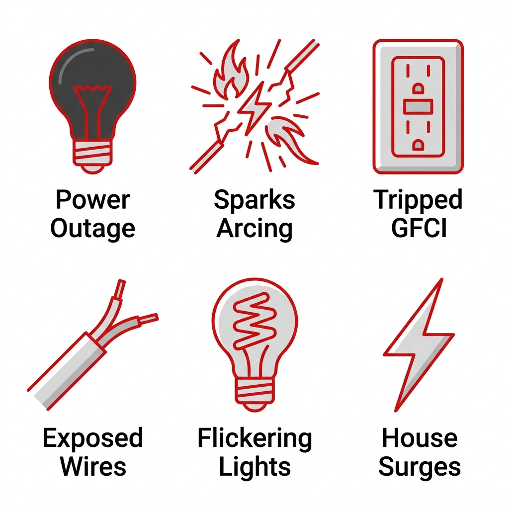 Grid of six outline icons depicting common electrical emergencies: power outage, sparks, tripped GFCI, exposed wires, flickering lights, and surges.