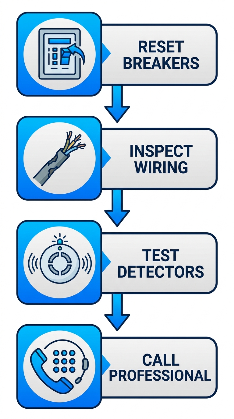 Vertical process flow diagram of electrical safety triage steps: reset tripped breakers and GFCI, inspect wiring, test smoke detectors, call licensed professional.