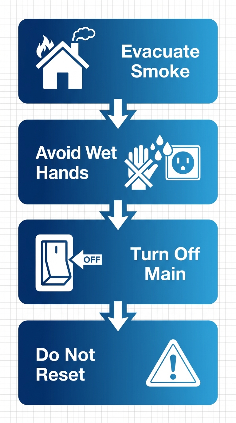 Vertical process flow illustrating four essential safety steps for handling breaker emergencies in West Hollywood homes: evacuate if smoke detected, avoid wet hands, turn off main power safely, do not reset tripping breakers.