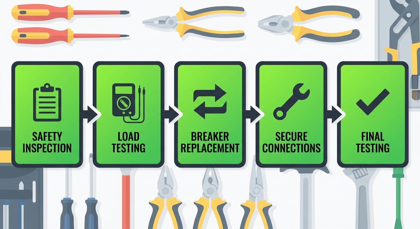 Horizontal process flow showing five stages of on-site breaker repair: safety inspection, load testing, replacement, secure connections, and final testing with icons.
