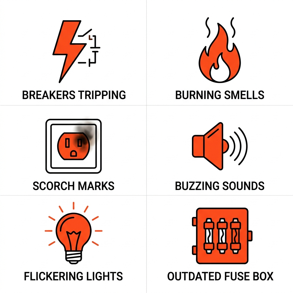 Grid of 6 outline icons showing electrical panel upgrade signs: lightning bolt for breaker tripping, flame for burning smells, burn mark for scorch marks, speaker for buzzing, bulb for flickering lights, fuse for outdated box.