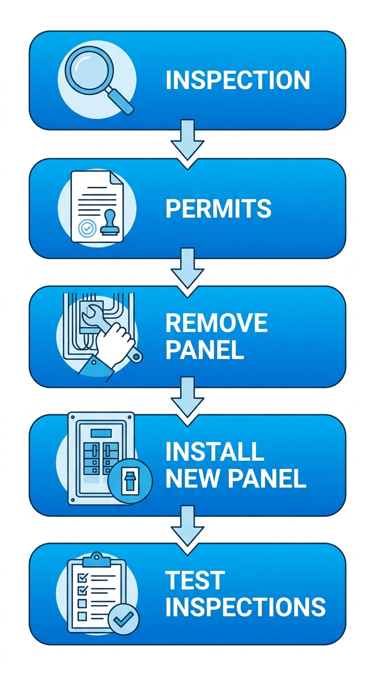 Vertical process flow diagram illustrating the 5 stages of electrical panel upgrade with icons and minimal labels