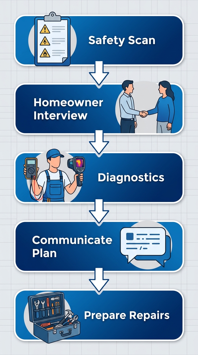 Vertical process flow diagram showing five stages of emergency electrician arrival: safety scan, interview, diagnostics, plan communication, and repair preparation with icons.