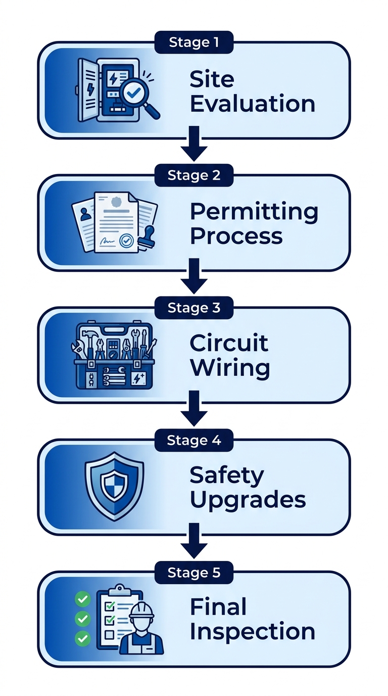 Vertical process flow diagram of five key EV charger installation stages: site evaluation, permitting, circuit wiring, safety upgrades, and final inspection with relevant icons.