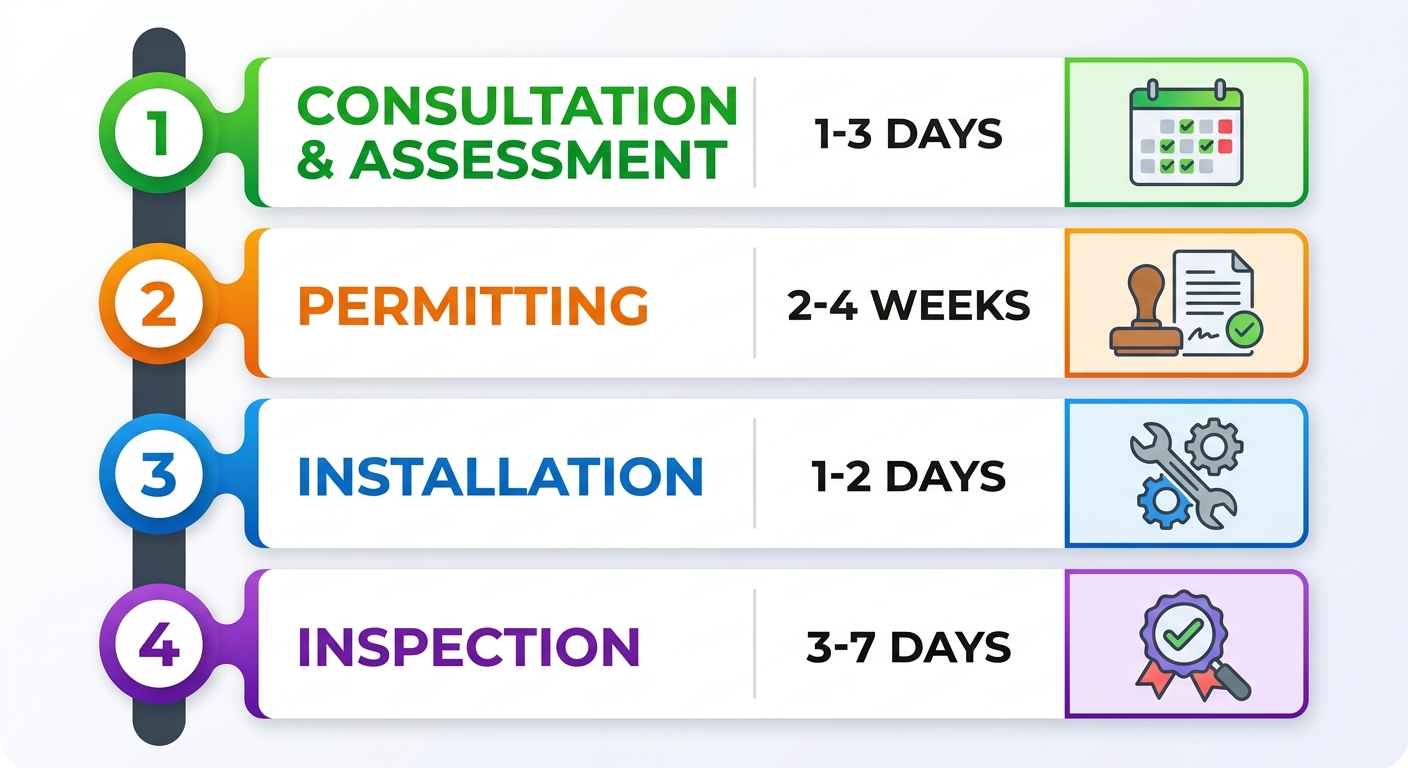 Vertical timeline graphic showing EV charger project phases in West Hollywood: consultation, permitting, installation, and inspection with durations and icons.