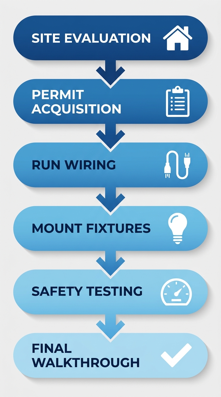 Vertical process flow diagram of six key stages in professional lighting installation: site evaluation, permit acquisition, wiring, mounting, testing, and walkthrough with icons.