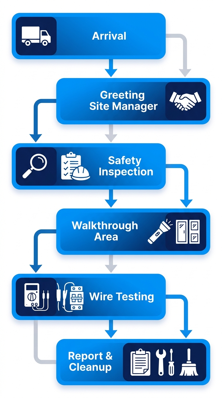 Vertical process flow diagram illustrating six stages of electrician site visit: arrival, greeting, safety check, walkthrough, testing, and summary.