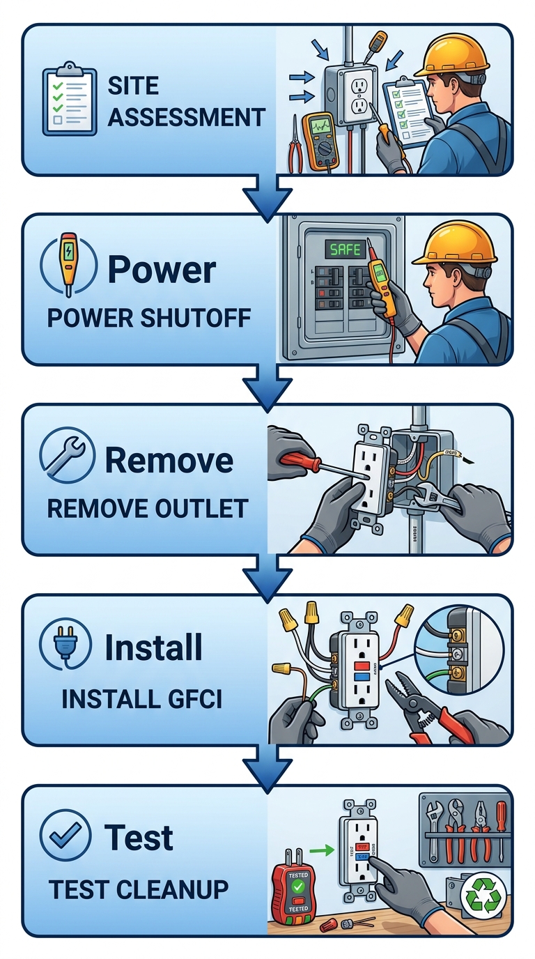 Vertical process flow diagram illustrating five stages of outlet installation: site assessment, power shutoff, removal, new installation, and testing with safety icons.