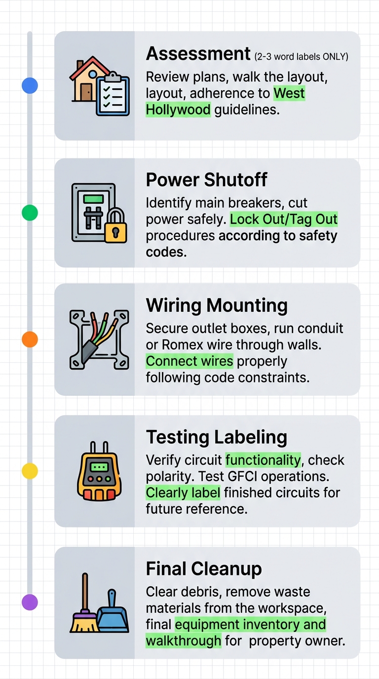 Vertical timeline illustrating the five phases of outlet installation in West Hollywood with icons and colored markers